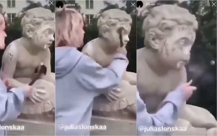 Escándalo por una influencer que le rompió la nariz a una estatua para ganar seguidores