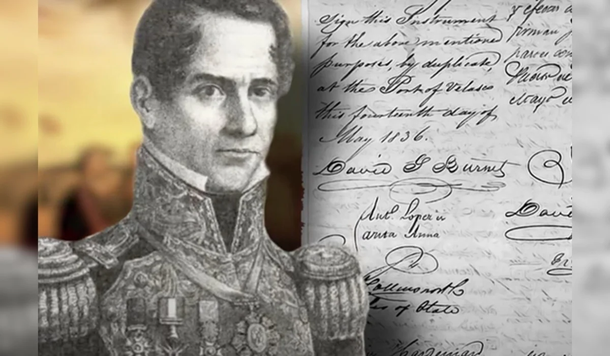 Santa Anna y David Burnet firman el Tratado de Velasco para el reconocimiento de la independencia de Texas en 1836.