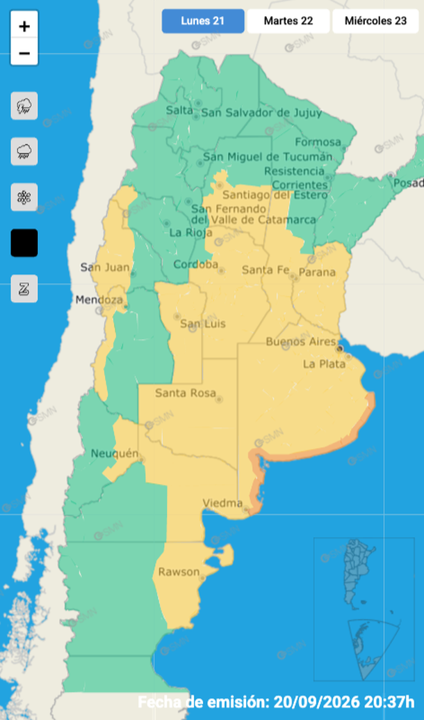 Buenos Aires sigue con alerta meteorol&oacute;gica total para el inicio de la semana. Fuente: Servicio Meteorol&oacute;gico Nacional.