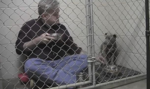 Un veterinario se metió en la jaula de un perro para desayunar juntos