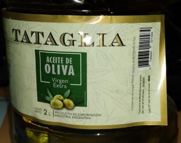 La ANMAT tomó la decisión de prohibir la comercialización y consumo de un aceite de oliva: “Tataglia Aceite de Oliva Virgen Extra, Cont. Neto 2L"