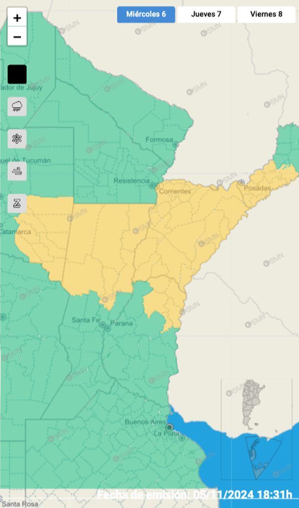Alerta por tormentas fuertes y granizo este miércoles. Fuente: Servicio Meteorológico Nacional. Alerta por tormentas fuertes y granizo este miércoles. Fuente: Servicio Meteorológico Nacional.
