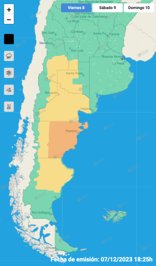 Mapa de alertas por tormentas y granizo para este viernes 8 de diciembre. Fuente: Servicio Meteorológico Nacional. Mapa de alertas por tormentas y granizo para este viernes 8 de diciembre. Fuente: Servicio Meteorológico Nacional.