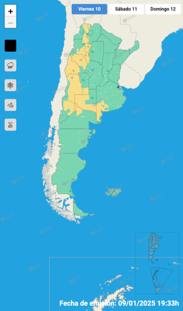 Alerta por tormentas y granizo en Buenos Aires y otras once provincias. Fuente: Servicio Meteorológico Nacional.