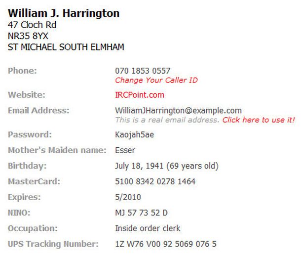 fakenamegenerator.com, una página que te permite crear una identidad falsa