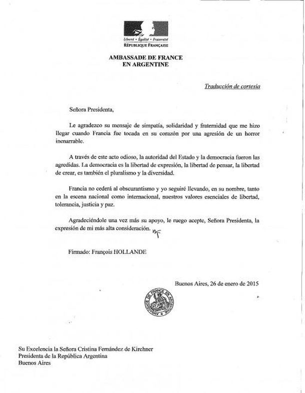 A través de una carta, Hollande agradeció a CFK su apoyo tras los atentados