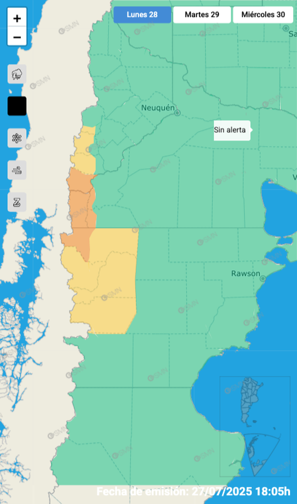 Alerta por lluvias fuertes este lunes en tres provincias. Fuente: Servicio Meteorológico Nacional. Alerta por lluvias fuertes este lunes en tres provincias. Fuente: Servicio Meteorológico Nacional.
