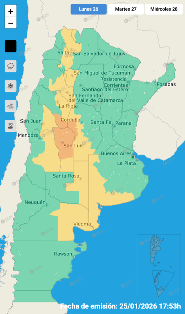 Alerta por tormentas fuertes con granizo para este lunes en varias zonas, incluida Buenos Aires. Fuente: Servicio Meteorol&oacute;gico Nacional.