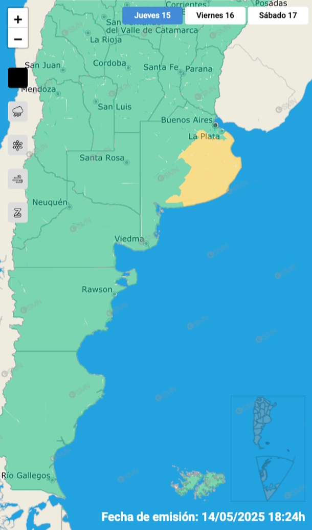 Alerta por tormentas fuertes y granizo para varias zonas de Buenos Aires. Fuente: Servicio Meteorol&oacute;gico Nacional.