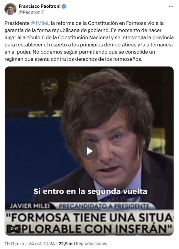 Francisco Paoltroni le exigió al presidente Javier Milei que intervenga Formosa