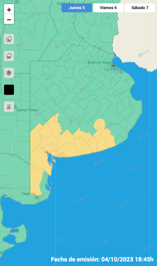 Mapa de alertas por viento en la provincia de Buenos Aires. Fuente: Servicio Meteorol&oacute;gico Nacional.&nbsp;&nbsp;