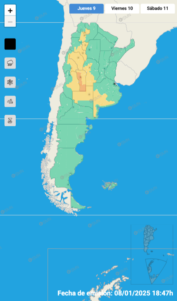 Alerta por tormentas fuertes y granizo en Buenos Aires y otras diez provincias. Fuente: Servicio Meteorológico Nacional.