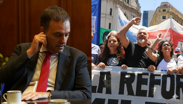 Manuel Adorni con café y Rodolfo Aguiar: amenaza de descuentos en el paro general