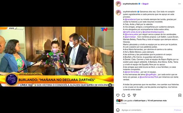 Thelma Fardín celebró la condena a seis años de prisión para Juan Darthés: Ganamos otra vez