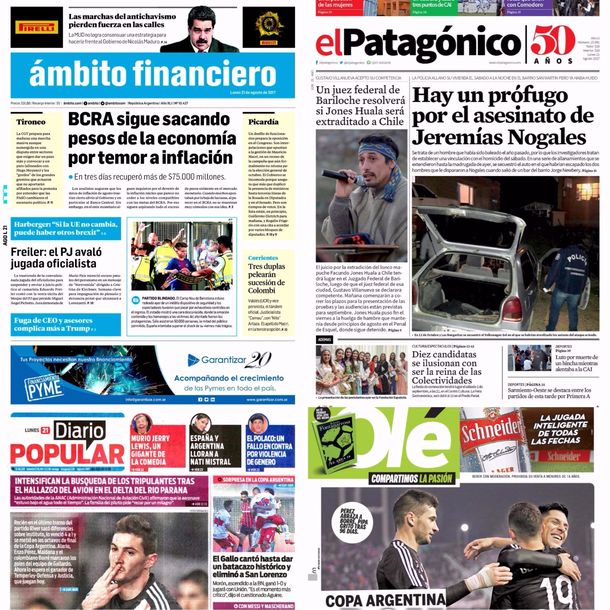 Tapas de diarios del lunes 21 de agosto de 2017