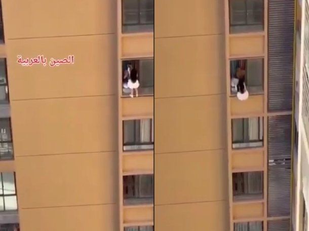 Video: intentó escapar de la esposa de su amante, trepó por la cornisa de un piso 13 y casi cae al vacío