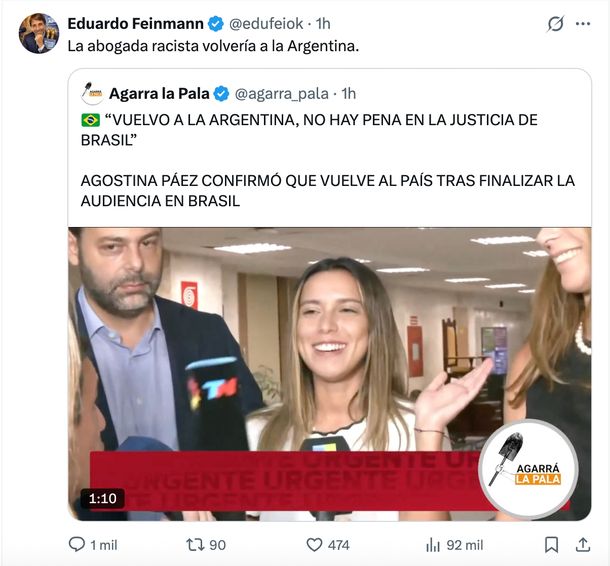 El tuit de Eduardo Feinmann contra la abogada argentina Agostina Páez, acusada de racismo en Brasil.