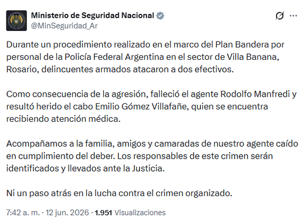 El mensaje del Ministerio de Seguridad de la Nación tras el asesinato del policía El mensaje del Ministerio de Seguridad de la Nación tras el asesinato del policía