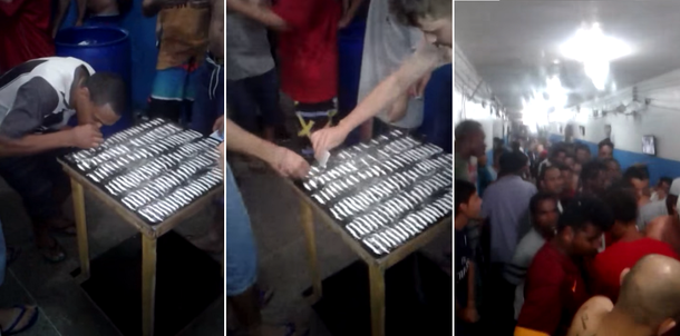 VIDEO: Presos hacen fila para aspirar de una mesa repleta de cocaína