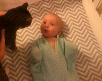 La alegría de una beba al ver a su gata