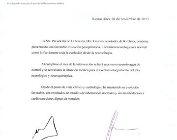 Este es el nuevo parte médico de la Presidente