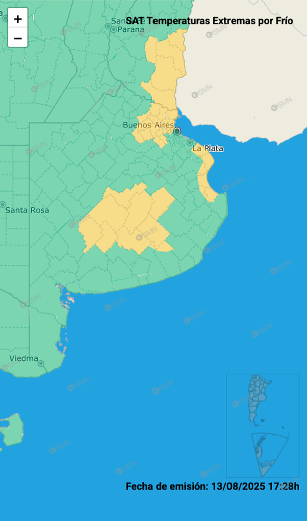 Zonas afectadas por el alerta por frío para este jueves en Buenos Aires. Fuente: Servicio Meteorológico Nacional. Zonas afectadas por el alerta por frío para este jueves en Buenos Aires. Fuente: Servicio Meteorológico Nacional.