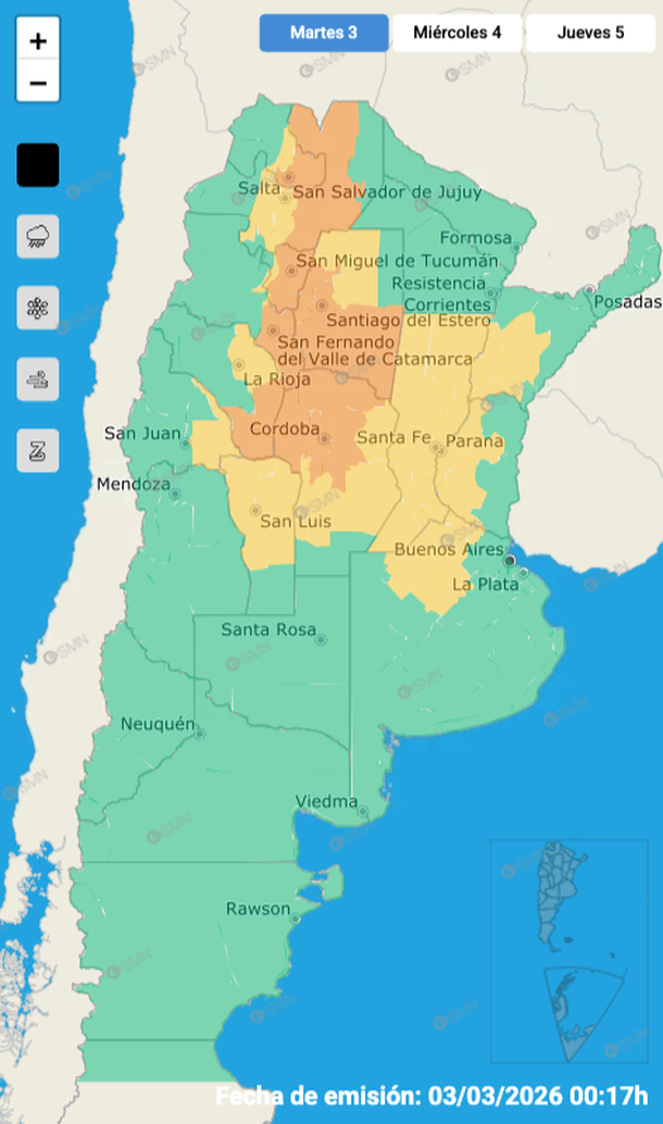 Alerta hoy por tormentas con granizo para Buenos Aires y otras provincias. Fuente: Servicio Meteorol&oacute;gico Nacional.