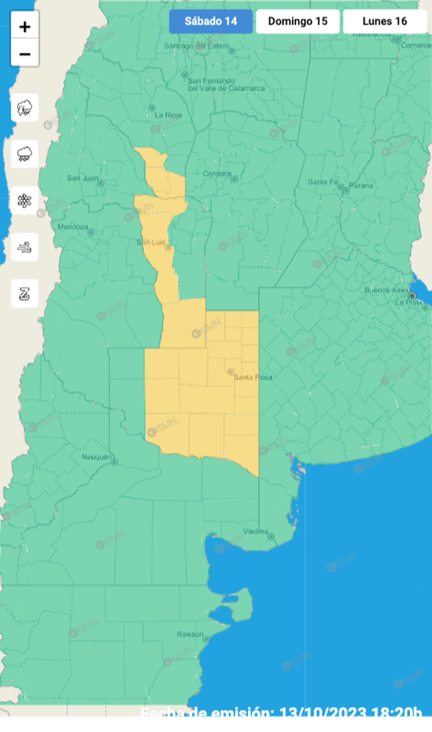 Mapa alertas por viento fuerte en tres provincias. Fuente: Servicio Meteorológico Nacional. Mapa alertas por viento fuerte en tres provincias. Fuente: Servicio Meteorológico Nacional. 