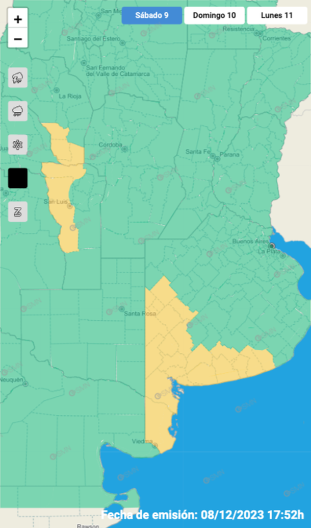 Mapa de alerta por viento en Buenos Aires, San Luis y Catamarca. Fuente: Servicio Meteorológico Nacional. Mapa de alerta por viento en Buenos Aires, San Luis y Catamarca. Fuente: Servicio Meteorológico Nacional.