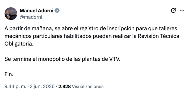 El Gobierno de Javier Milei anuncia el fin del "monopolio de las plantas de VTV" El Gobierno de Javier Milei anuncia el fin del "monopolio de las plantas de VTV"