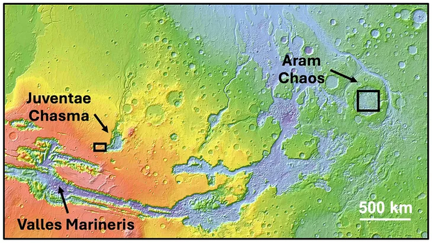 Mapa del altímetro láser Mars Orbiter (MOLA) de la región de Valles Marineris con elevaciones más altas en rojo y elevaciones más bajas en tonos amarillo, verde y luego azul. (Foto: SETI/NASA) Mapa del altímetro láser Mars Orbiter (MOLA) de la región de Valles Marineris con elevaciones más altas en rojo y elevaciones más bajas en tonos amarillo, verde y luego azul. (Foto: SETI/NASA)
