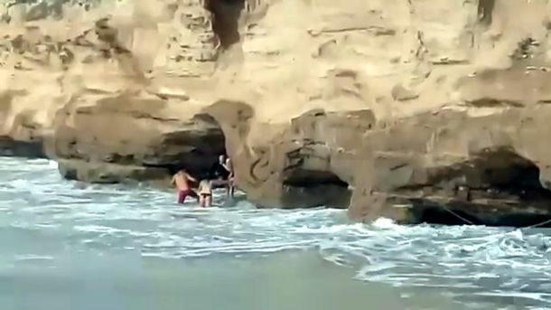 Rescataron a un perro que quedó atrapado entre un acantilado y el mar