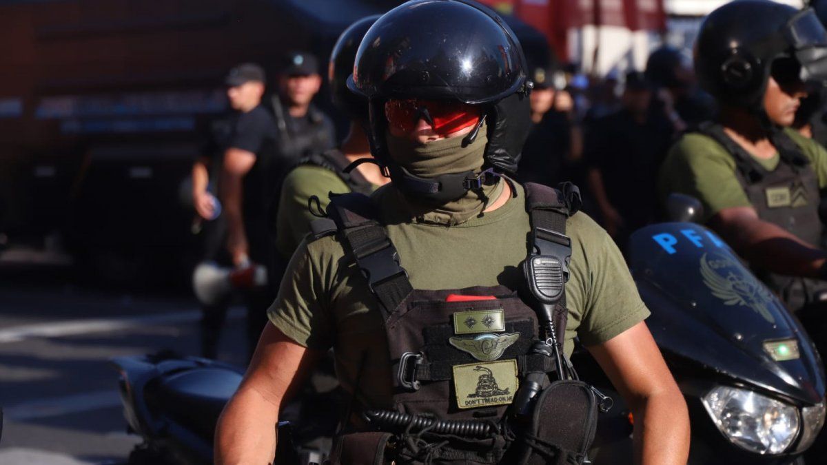 Un gendarme lució la insignia libertaria en su chaleco durante el operativo  en el Congreso