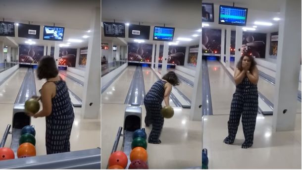 VIDEO: jugó por primera vez el bowling y algo salió muy mal