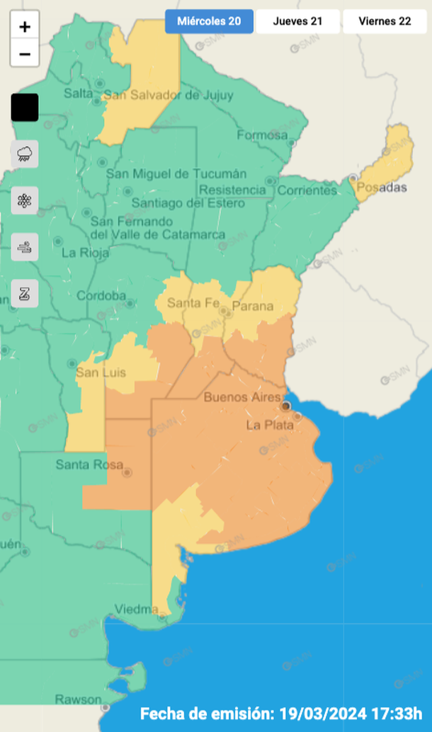 Alerta por tormentas fuertes y granizo para Buenos Aires y otras siete provincias. Fuente: Servicio Meteorol&oacute;gico Nacional.