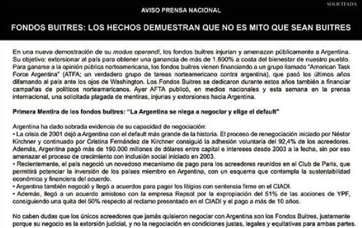 El Gobierno refutó con una solicitada los mitos de los lobistas buitre sobre el país