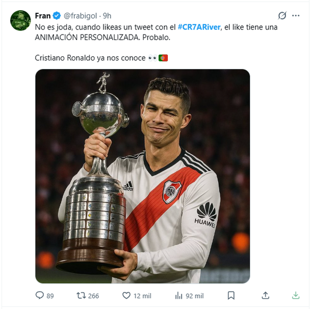 Los hinchas viralizaron imágenes de Cristiano Ronaldo con la indumentaria de River bajo el hashtag #CR7aRiver. Los hinchas viralizaron imágenes de Cristiano Ronaldo con la indumentaria de River bajo el hashtag #CR7aRiver.