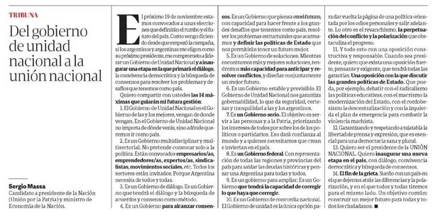 La columna de Sergio Massa publicada en el diario Clarín