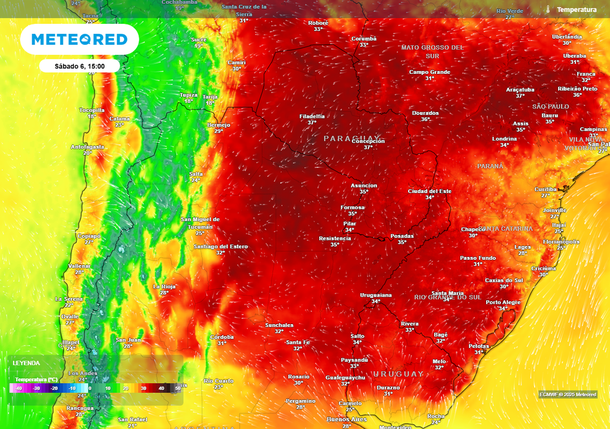 Mapa de la ola de calor que se viene, con altas temperaturas. Fuente: Meteored Mapa de la ola de calor que se viene, con altas temperaturas. Fuente: Meteored