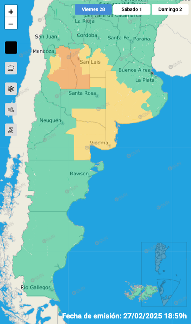 Alerta por tormentas y granizo en zonas de Buenos Aires y otras cinco provincias. Fuente: Servicio Meteorológico Nacional.