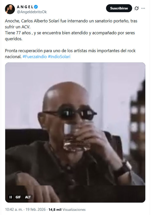 Ángel de Brito reveló la internación del Indio Solari Ángel de Brito reveló la internación del Indio Solari