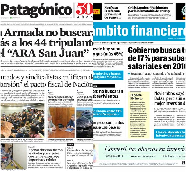 Tapas de diarios del viernes 1 de diciembre de 2017