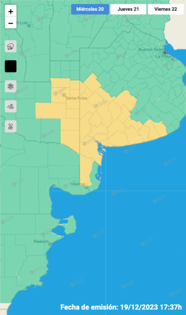 Mapa de alerta por lluvias en Buenos Aires y La Pampa. Fuente: Servicio Meteorológico Nacional. Mapa de alerta por lluvias en Buenos Aires y La Pampa. Fuente: Servicio Meteorológico Nacional.