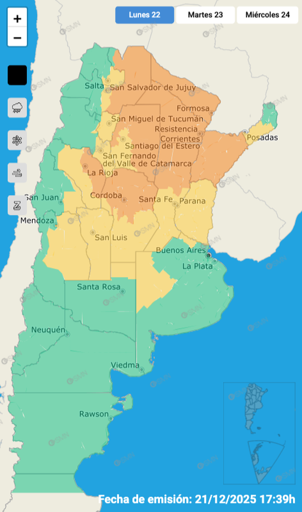Alerta por tormentas y granizo este lunes en Buenos Aires y otras zonas del pa&iacute;s. Fuente: Servicio Meteorol&oacute;gico Nacional.
