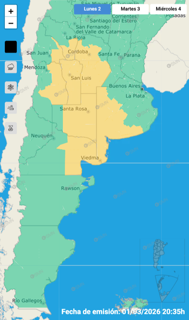 Alerta por tormentas con granizo este lunes en Buenos Aires y otras provincias. Fuente: Servicio Meteorológico Nacional. Alerta por tormentas con granizo este lunes en Buenos Aires y otras provincias. Fuente: Servicio Meteorológico Nacional.
