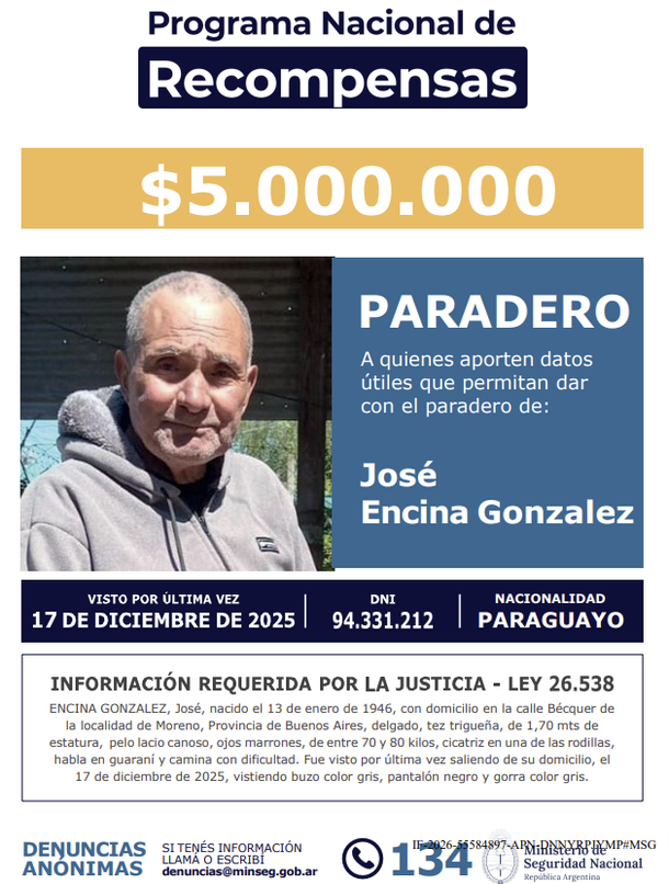 El Ministerio de Seguridad ofrece una recompensa para dar con su paradero El Ministerio de Seguridad ofrece una recompensa para dar con su paradero