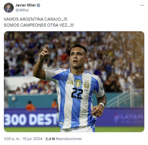 El presidente Javier Milei celebró con euforia el bicampeonato de la Selección argentina en la Copa América