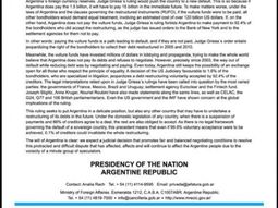 fondos buitre: el gobierno publico una solicitada en the wall street journal