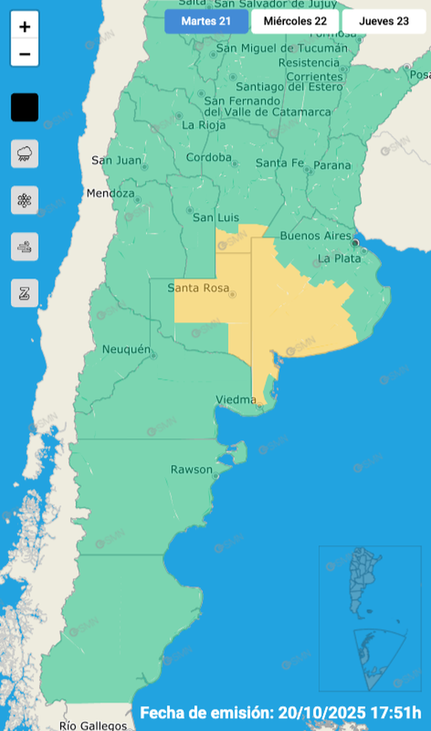 Alerta por tormentas y granizo en Buenos Aires, San Luis y La Pampa. Fuente: Servicio Meteorol&oacute;gico Nacional.