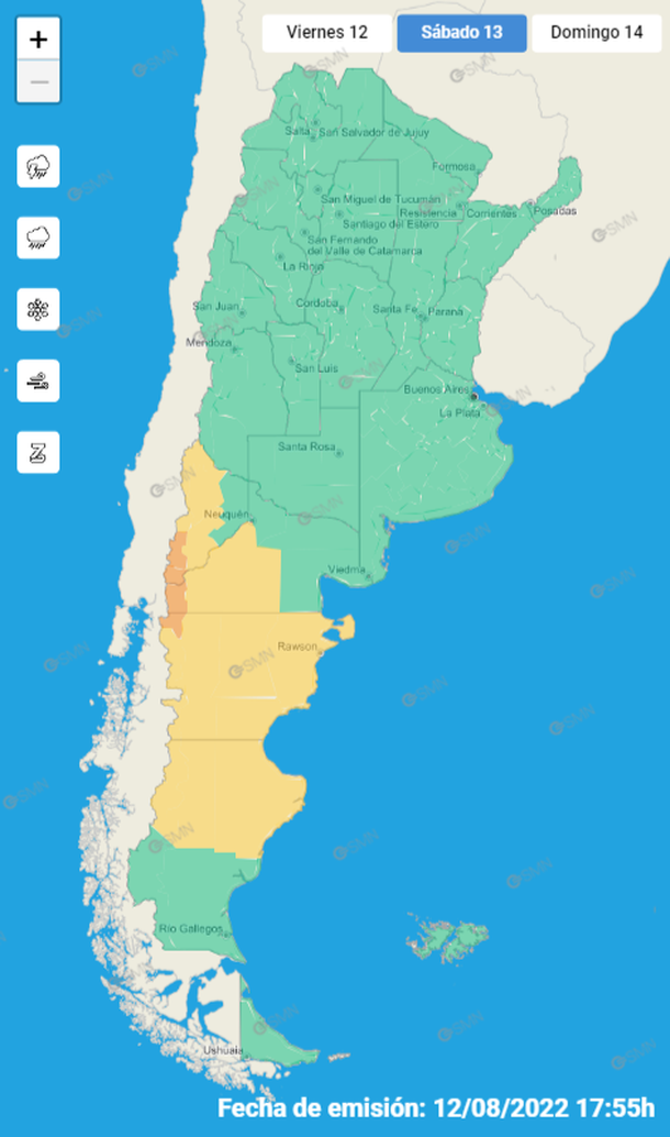 El Servicio Meteorológico Nacional emitió alerta naranja por nieve en Neuquén, Río Negro y Chubut. 